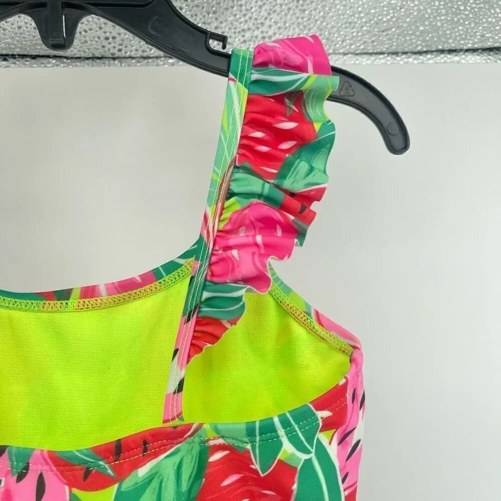 Cat & Jack Girls Pink Sweet Strawberry Print Ruffle Strap Cutout Swimsuit XS 4/5